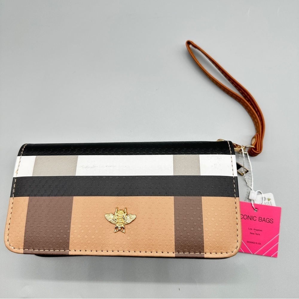 Iconic Bags Striped Wristlet Wallet – Gold Bee Charm, Double Zip | NWT